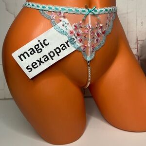 VS S CROTCHLESS PEARL V-STRING PANTY EMBROIDERY FLORAL MESH BOW